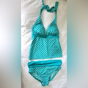 Boden Turquoise Blue & White Geometric Pattern  Tankini Swimsuit Set- si…